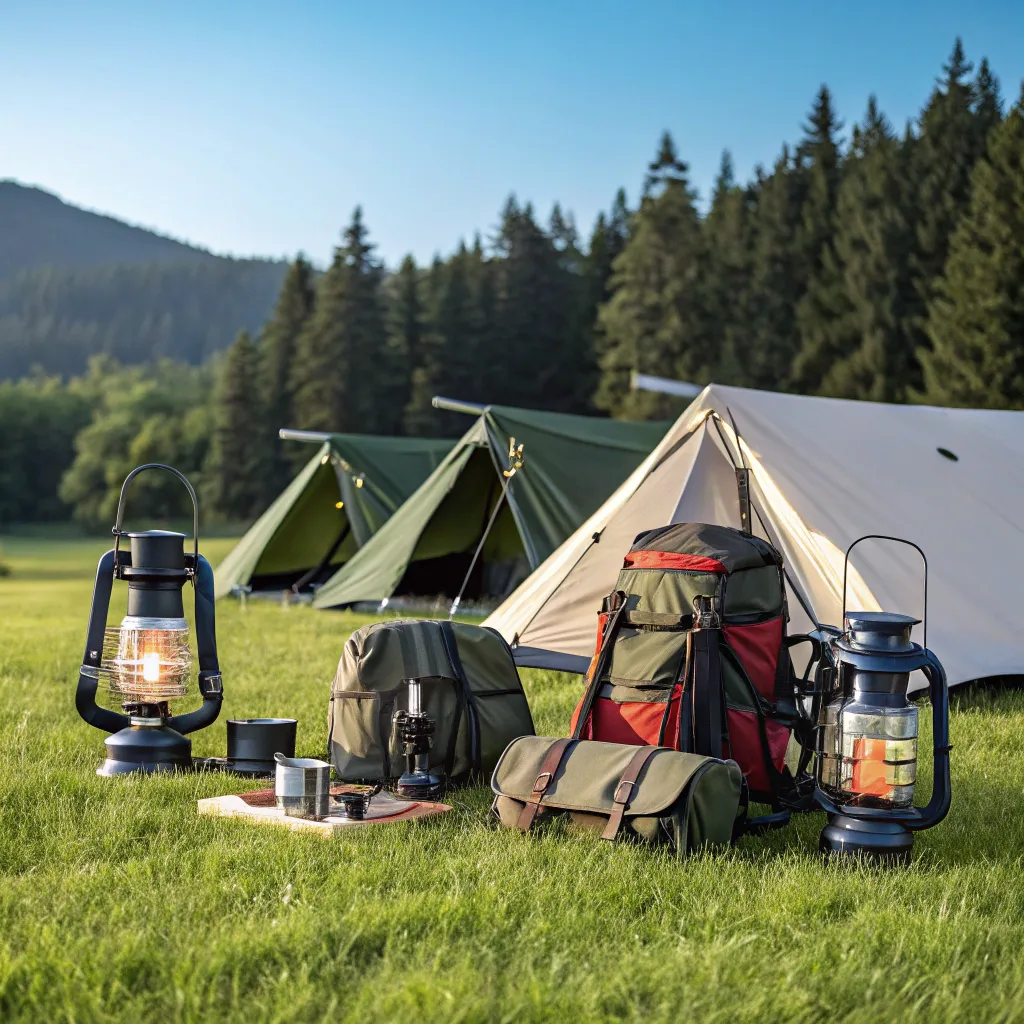 A display of various camping gear items like tents, backpacks, and lanterns